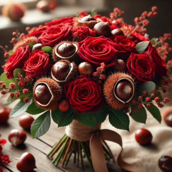 rose rosse e castagne