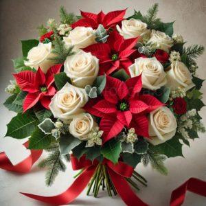 Mazzo con rose bianche e Stella di Natale rossa