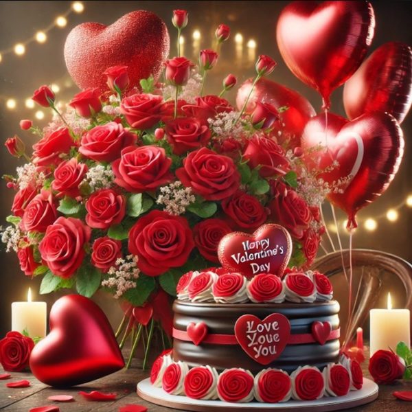 Rose rosse e torta san valentino